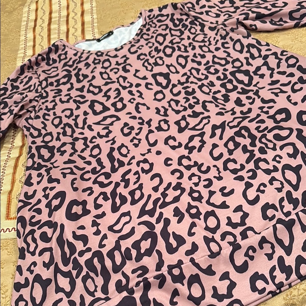 MAYSOAR Tunic Top, Tan and Black Leopard Print, Long Sleeve, Poly Blend, XL